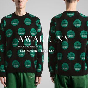 AWAKE NY THE TRUTH Black Green Cotton Blend Jacquard Crewneck Knit Sweater Sz L